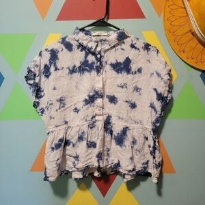 Rachel Zoe Women's Linen Blouse White And Blue Tie Dye Ruffle Hem  Size Medium